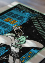 Zbliżenie na detale plakatu: Moriz Jung randka na wieżowcu z samolotem vintage