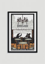 Plakat w drewnianej czarnej ramce: kawiarnia Gespräch zwischen Stummen Moriz Jung secesja