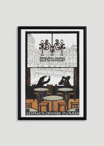 Plakat w drewnianej czarnej ramce: kawiarnia Gespräch zwischen Stummen Moriz Jung secesja