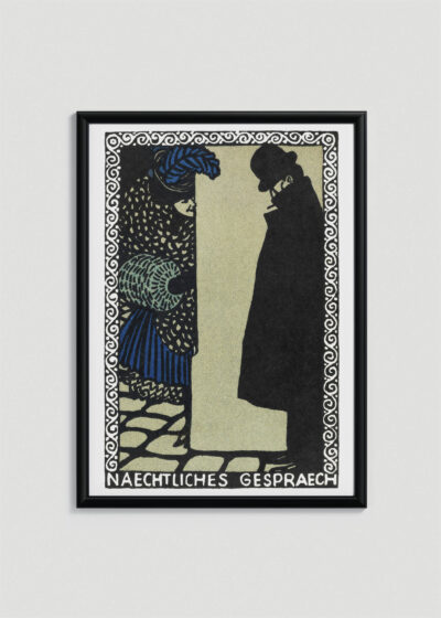 Plakat w drewnianej czarnej ramce: Nocna rozmowa Moritz Jung secesja Naechtliches Gespraech