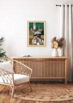 Aranżacja wnętrza, na ścianie wisi plakat w ramce: Moriz Jung wiedeńska kawiarnia secesja Austria