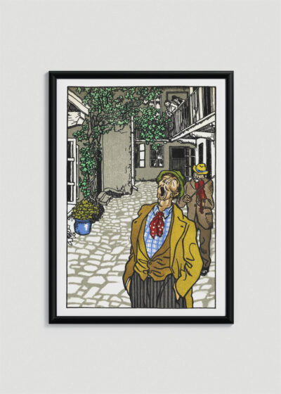 Plakat w drewnianej czarnej ramce: Moriz Jung śpiewak uliczny wiedeńska secesja satyra społeczna