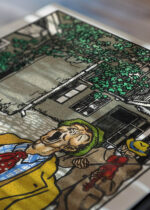 Zbliżenie na detale plakatu: Moriz Jung śpiewak uliczny wiedeńska secesja satyra społeczna