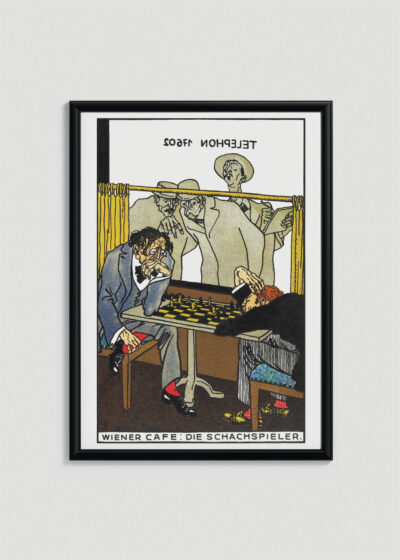 Plakat w drewnianej czarnej ramce: Wiener Cafe Szachiści Moriz Jung secesja