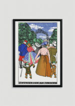 Plakat w drewnianej czarnej ramce: Schönbrunn am Sonntag Spacer w parku Moriz Jung secesja wiedeńska