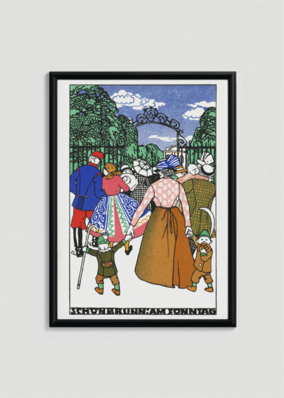 Plakat w drewnianej czarnej ramce: Schönbrunn am Sonntag Spacer w parku Moriz Jung secesja wiedeńska