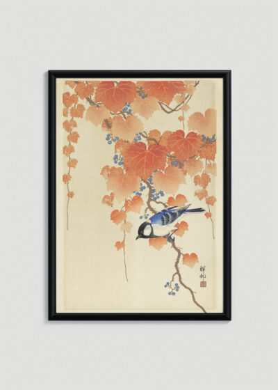 Plakat w drewnianej czarnej ramce: Ptak na gałęzi winorośli Ohara Koson