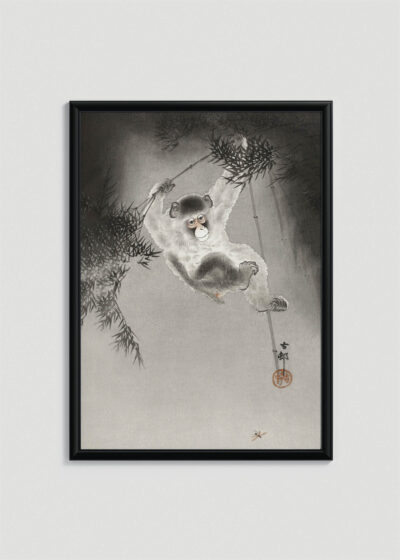 Plakat w drewnianej czarnej ramce: Ohara Koson małpa na bambusie japoński shin-hanga