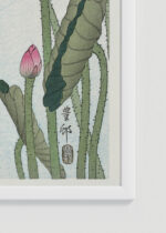 Zbliżenie na detale plakatu oprawionego w drewnianą białą ramkę od Plakatello®: Kwitnący Lotos Ohara Koson japoński vintage