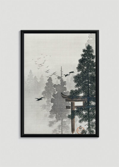 Plakat w drewnianej czarnej ramce: Torii nad wodą Ohara Koson japoński drzeworyt