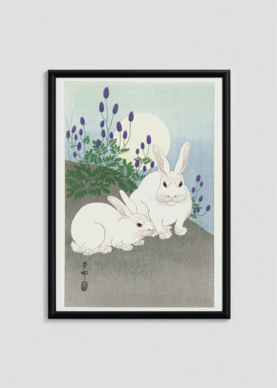 Plakat w drewnianej czarnej ramce: Króliki pod księżycem Ohara Koson japoński drzeworyt