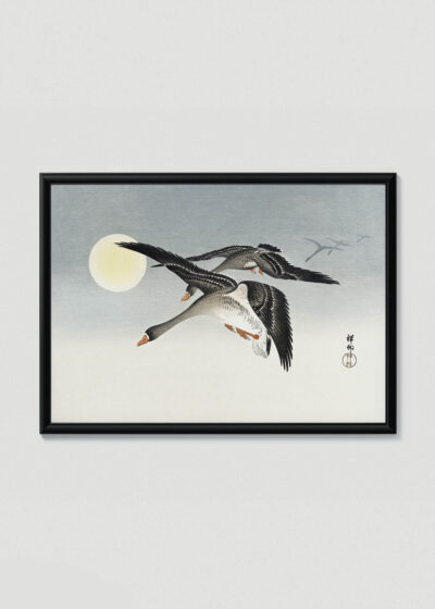 Plakat w drewnianej czarnej ramce: Dzikie gęsi w locie przy księżycu Ohara Koson