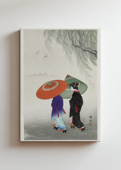 japoński ukiyo-e Koson kobiety z parasolami w deszczu obraz na płótnie