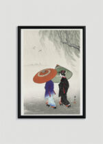 Plakat w drewnianej czarnej ramce: japoński ukiyo-e Koson kobiety z parasolami w deszczu
