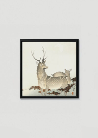 Plakat w drewnianej czarnej ramce: Jelenie pod klonami Ohara Koson japoński drzeworyt