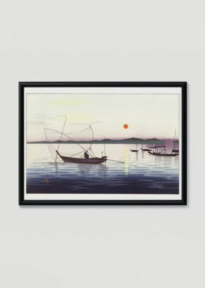 Plakat w drewnianej czarnej ramce: Rybacy o zmierzchu Ohara Koson ukiyo-e japoński