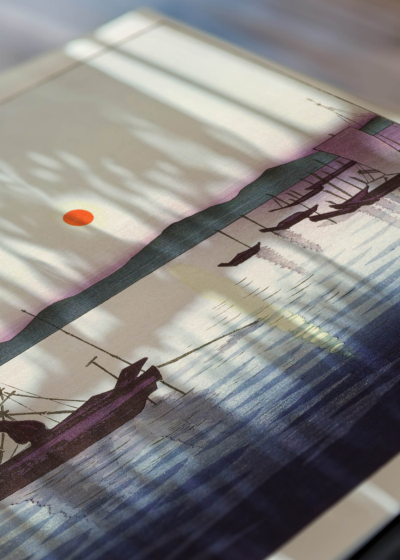 Zbliżenie na detale plakatu: Rybacy o zmierzchu Ohara Koson ukiyo-e japoński