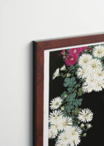 Plakat oprawiony w drewnianą brązową ramkę Vintage Italia: Chryzantemy nad strumieniem Ohara Koson japoński drzeworyt