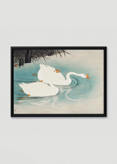 Plakat w drewnianej czarnej ramce: Gęsi na wodzie Ohara Koson japoński drzeworyt