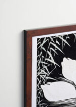 Plakat oprawiony w drewnianą brązową ramkę Vintage Italia: Dwa łabędzie Ohara Koson japoński czarno-biały