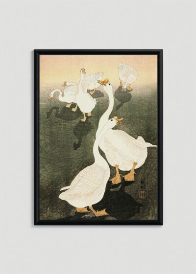 Plakat w drewnianej czarnej ramce: Gęsi Ohara Koson japońska sztuka drzeworytnicza