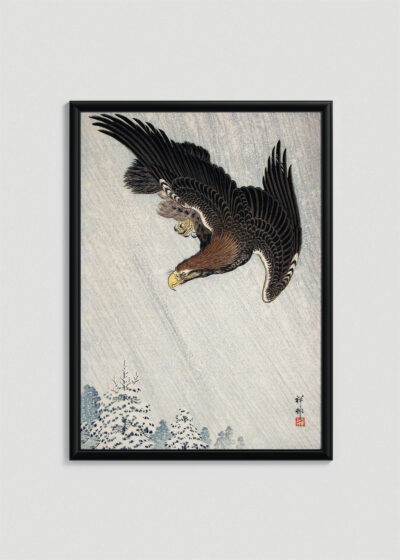Plakat w drewnianej czarnej ramce: Orzeł w locie Ohara Koson japoński drzeworyt