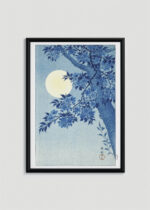 Plakat w drewnianej czarnej ramce: Kwitnąca wiśnia w świetle księżyca Ohara Koson ciemny błękit