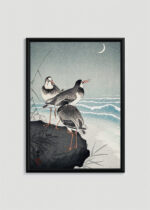 Plakat w drewnianej czarnej ramce: Ptaki wodne w księżycową noc Ohara Koson ukiyo-e