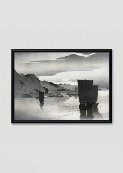 Plakat w drewnianej czarnej ramce: Żaglowce w zatoce Ohara Koson japoński vintage czarno-biały