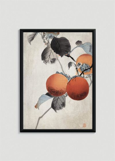 Plakat w drewnianej czarnej ramce: Persymony i ptak Ohara Koson japoński drzeworyt