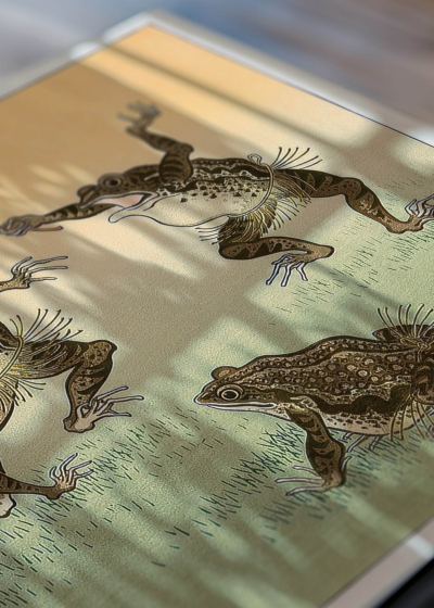 Zbliżenie na detale plakatu: Taniec żab Ohara Koson japoński drzeworyt vintage