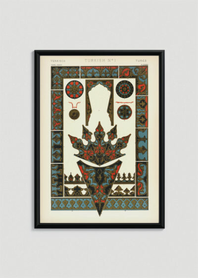 Plakat w drewnianej czarnej ramce: turecki ornament Owen Jones Gramatyka Ornamentu