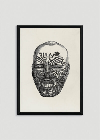 Plakat w drewnianej czarnej ramce: maoryjska maska ceremonialna Owen Jones
