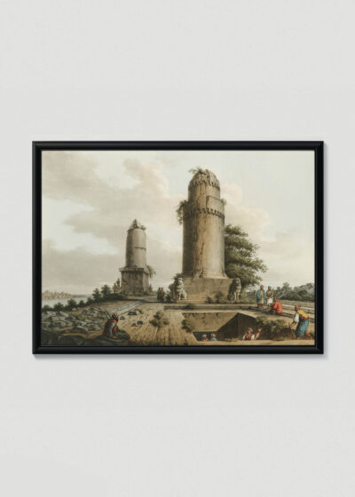 Plakat w drewnianej czarnej ramce: orientalne wieże Luigi Mayer XVIII wiek