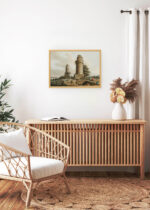 Aranżacja wnętrza, na ścianie wisi plakat w ramce: orientalne wieże Luigi Mayer XVIII wiek