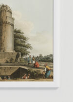 Zbliżenie na detale plakatu oprawionego w drewnianą białą ramkę od Plakatello®: orientalne wieże Luigi Mayer XVIII wiek