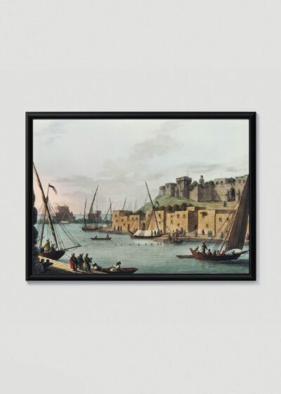 Plakat w drewnianej czarnej ramce: Widok portu osmańskiego Luigi Mayer XVIII wiek