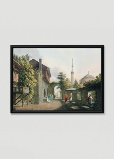 Plakat w drewnianej czarnej ramce: orientalna uliczka Turcja Luigi Mayer akwarela