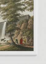 Zbliżenie na detale plakatu oprawionego w drewnianą białą ramkę od Plakatello®: Osmańska tama Luigi Mayer orientalna akwaforta