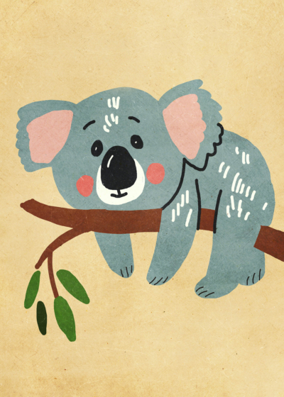 Plakat koala na gałęzi eukaliptusa dla dzieci pastel