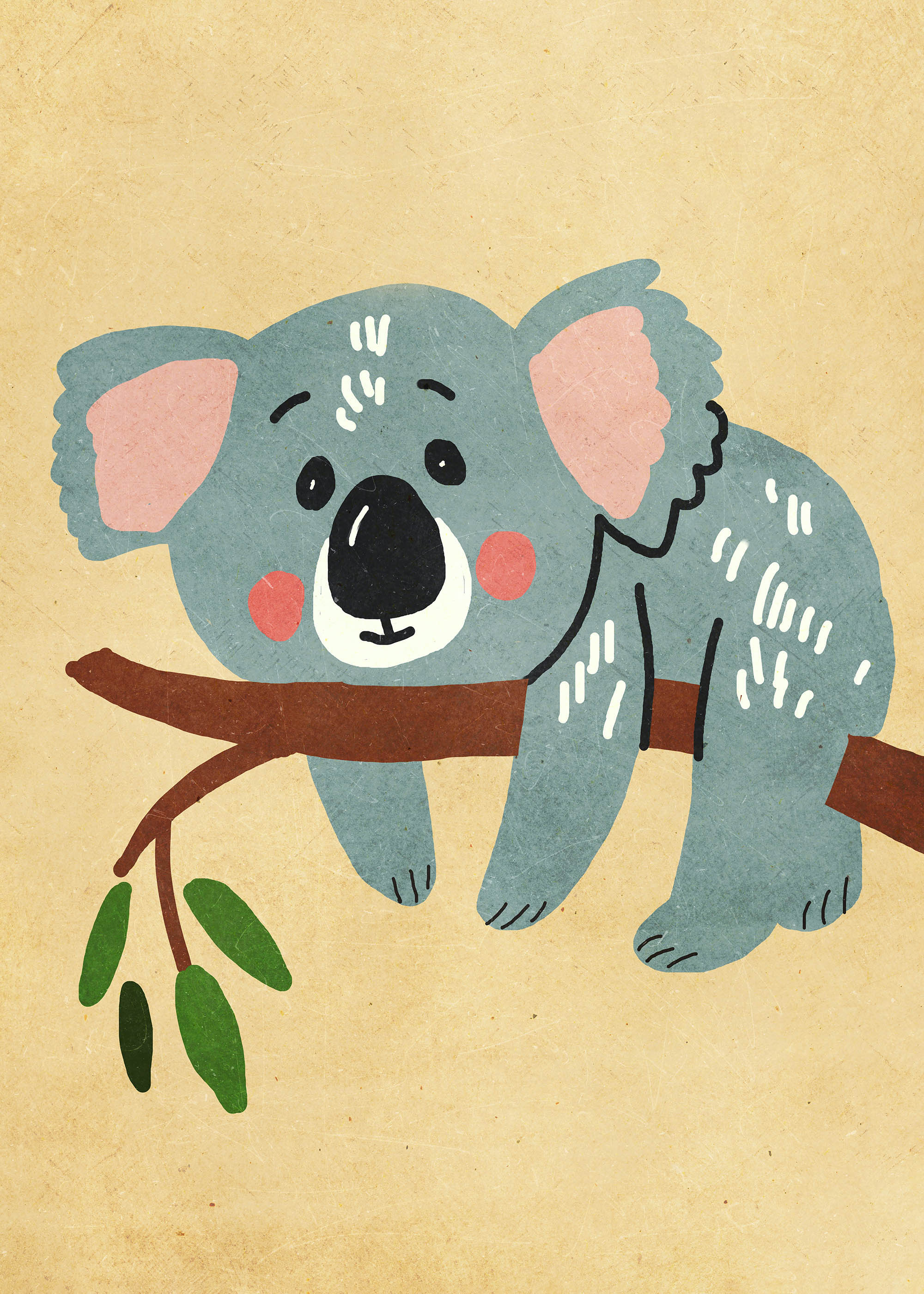Plakat koala na gałęzi eukaliptusa dla dzieci pastel