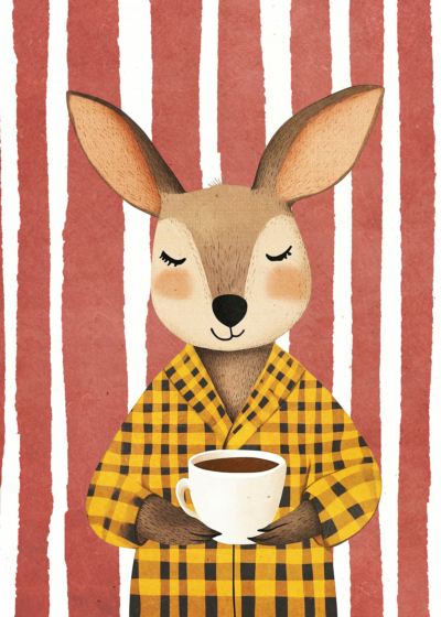 Plakat zajączek z kawą w kratę - dziecięcy pokój