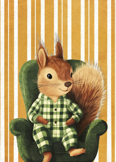 Plakat wiewiórka w piżamie zielono-kremowej dla dzieci