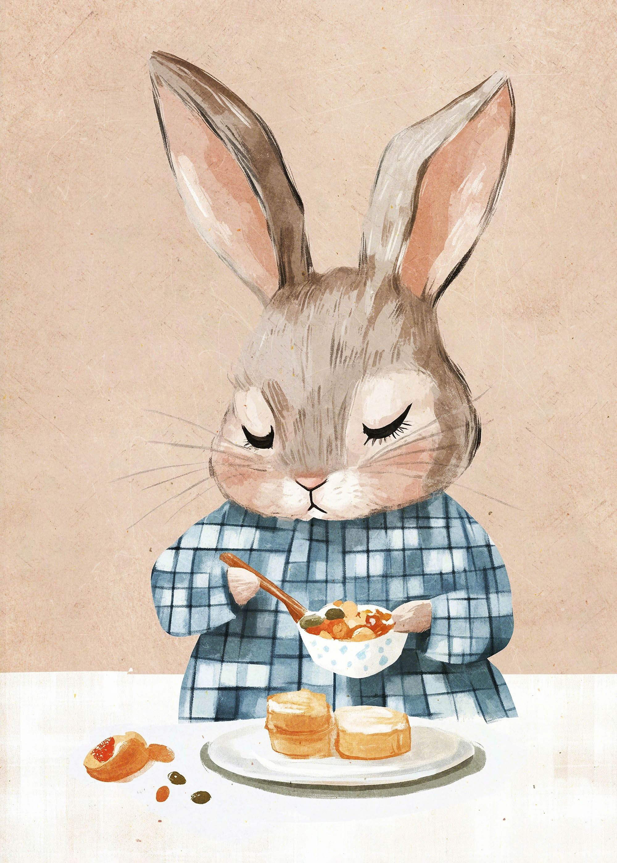 Plakat królik w kraciastej koszuli przy stole dla dzieci