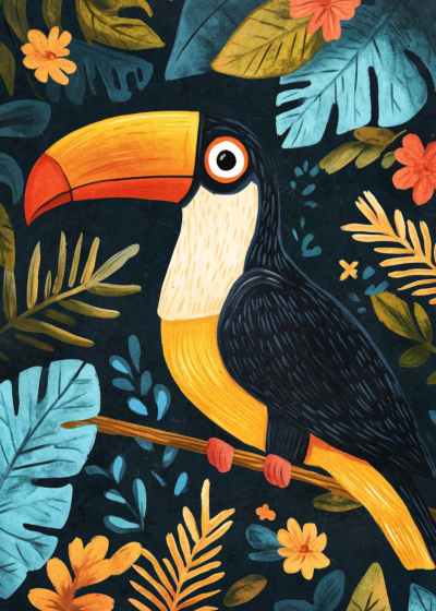 Plakat tropikalny tukan z zielonymi liśćmi dla dzieci