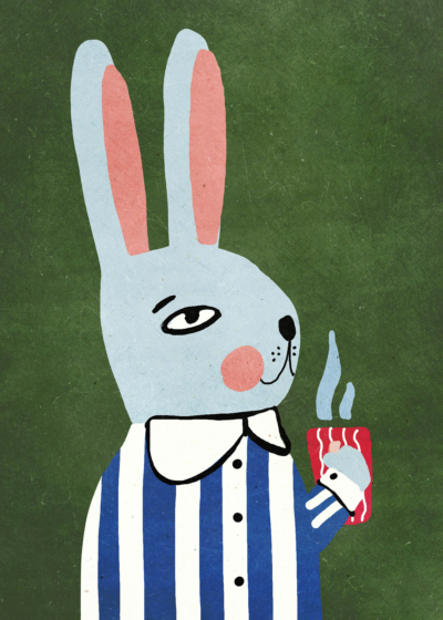 Plakat królik w piżamie z kawą do pokoju dziecięcego