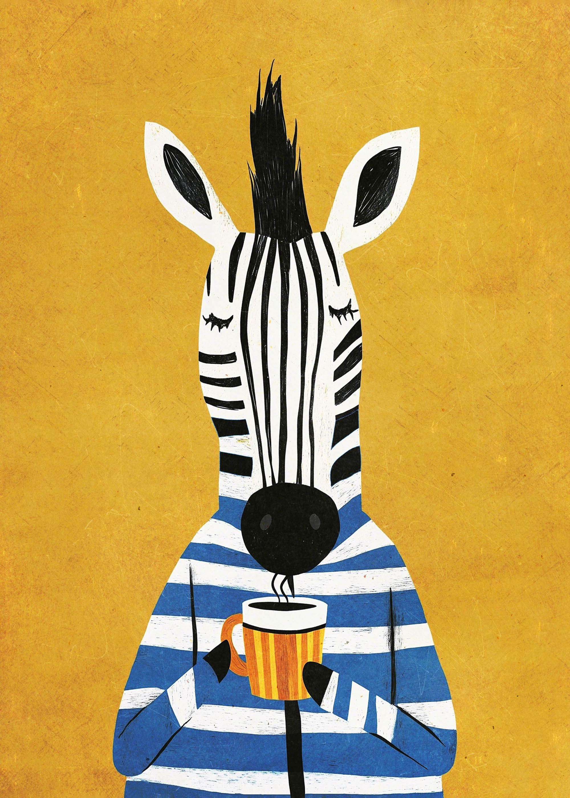 Plakat zebra w swetrze z kawą dla dzieci skandynawski