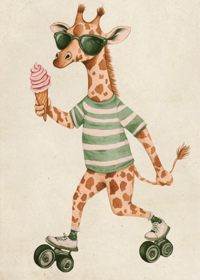 Plakat żyrafa na wrotках retro dla dzieci skandynawski