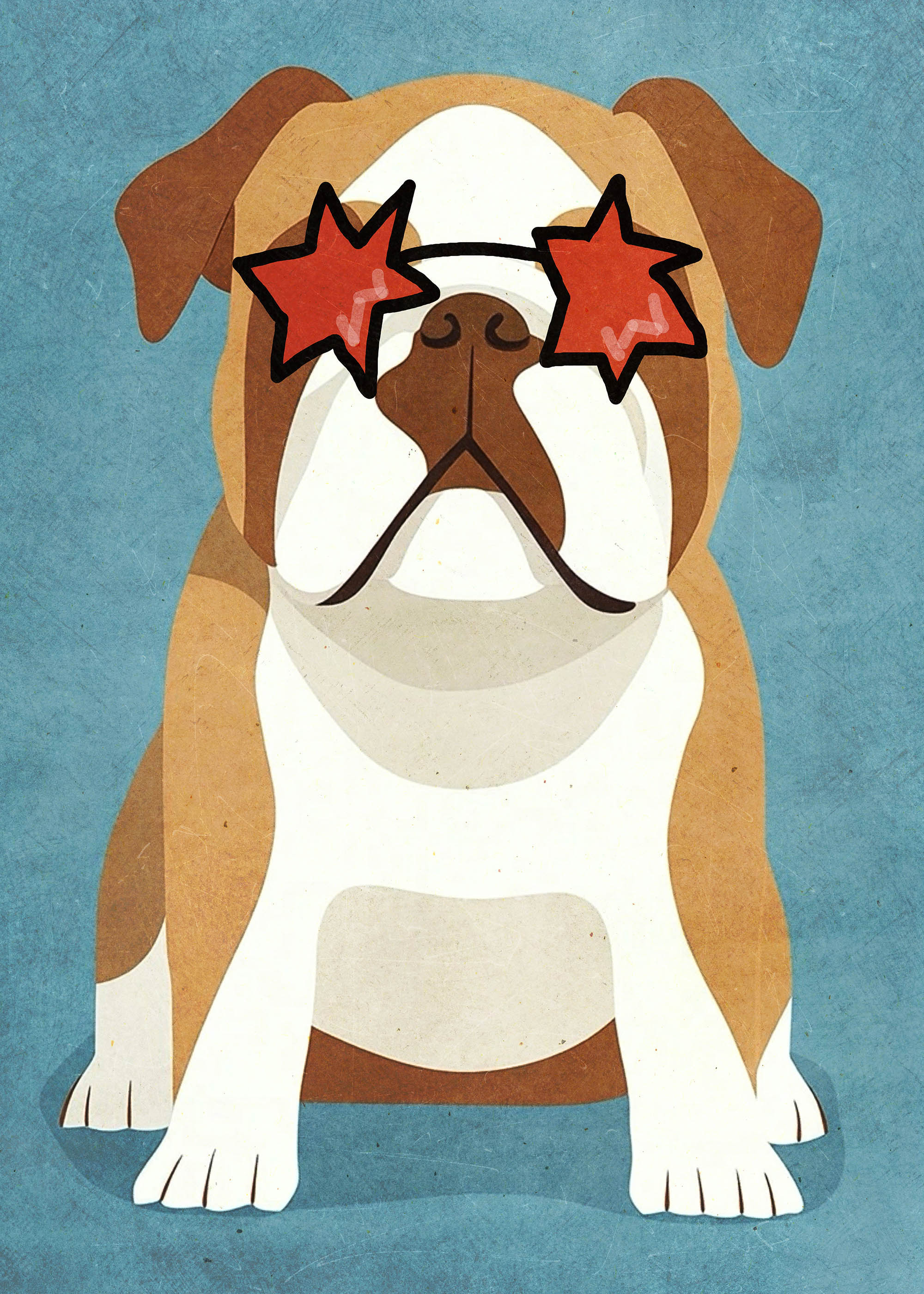 Plakat buldog angielski w gwiazdkowych okularach dla dzieci