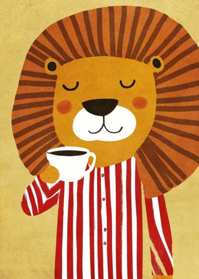 Plakat lew w piżamie pijący kawę - dziecięcy pokój